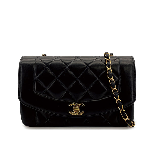 VINTAGE CHANEL DIANA SMALL CHAIN SHOULDER BAG BLACK LAMB SKIN GOLD HARDWARE 90311830