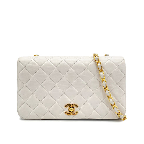 VINTAGE CHANEL FULL FLAP CHAIN SHOULDER BAG WHITE LAMB SKIN GOLD HARDWARE 90311832