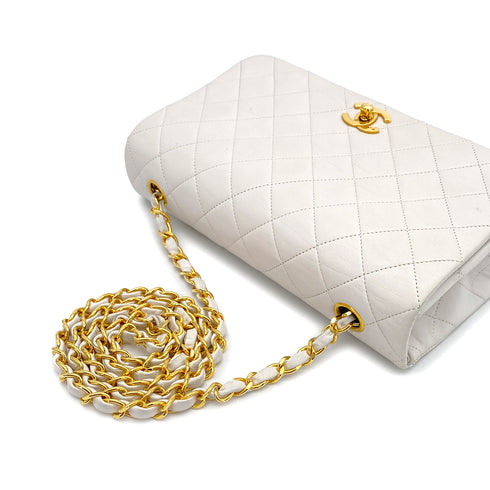 VINTAGE CHANEL FULL FLAP CHAIN SHOULDER BAG WHITE LAMB SKIN GOLD HARDWARE 90311832