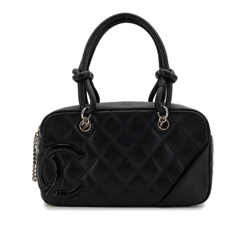 VINTAGE CHANEL CAMBON LINE HAND BAG BLACK LEATHER SILVER HARDWARE 90312942