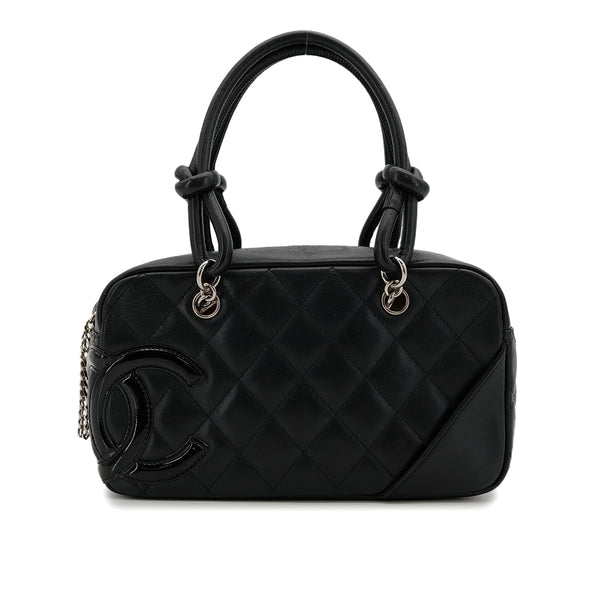 VINTAGE CHANEL CAMBON LINE HAND BAG BLACK LEATHER SILVER HARDWARE 90312942