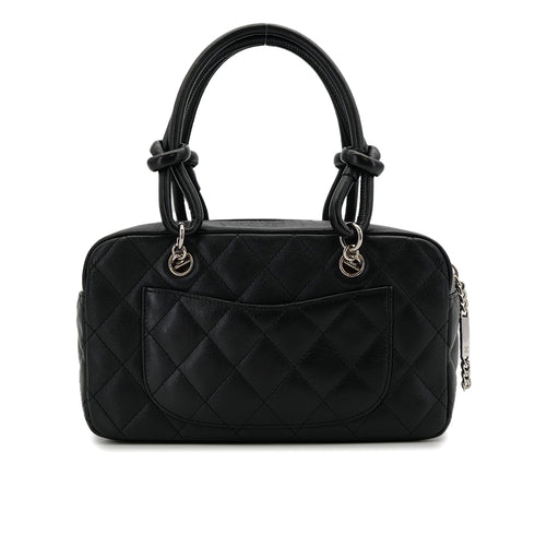 VINTAGE CHANEL CAMBON LINE HAND BAG BLACK LEATHER SILVER HARDWARE 90312942