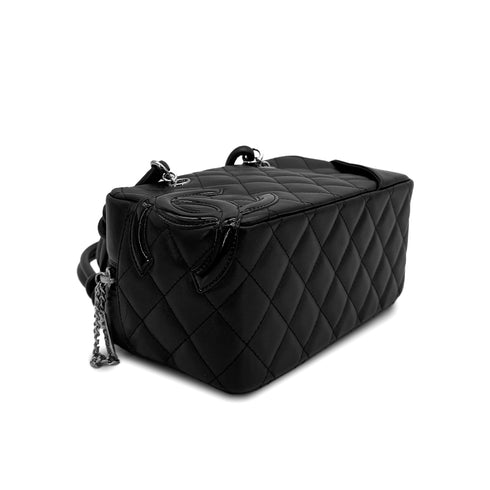 VINTAGE CHANEL CAMBON LINE HAND BAG BLACK LEATHER SILVER HARDWARE 90312942
