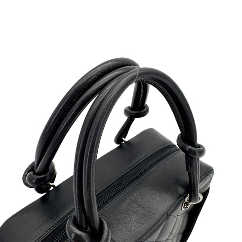 VINTAGE CHANEL CAMBON LINE HAND BAG BLACK LEATHER SILVER HARDWARE 90312942