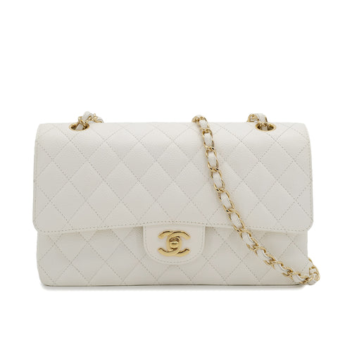 VINTAGE CHANEL CLASSIC FLAP MEDIUM CHAIN SHOULDER BAG WHITE CAVIAR SKIN GOLD HARDWARE 90312941