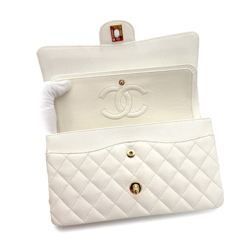 VINTAGE CHANEL CLASSIC FLAP MEDIUM CHAIN SHOULDER BAG WHITE CAVIAR SKIN GOLD HARDWARE 90312941