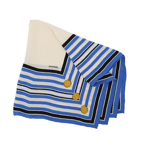 VINTAGE CHANEL COCO BUTTON BORDER SCARF BLUE WHITE SILK 90313363