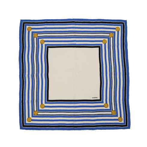 VINTAGE CHANEL COCO BUTTON BORDER SCARF BLUE WHITE SILK 90313363