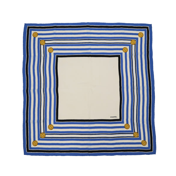 VINTAGE CHANEL COCO BUTTON BORDER SCARF BLUE WHITE SILK 90313363