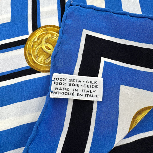 VINTAGE CHANEL COCO BUTTON BORDER SCARF BLUE WHITE SILK 90313363