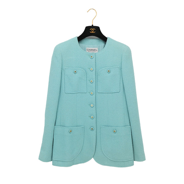 VINTAGE CHANEL COCO BUTTON TWEED JACKET LIGHT BLUE WOOL COTTON 38 PC95 RTW 90311810