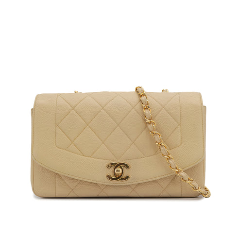 VINTAGE CHANEL DIANA SMALL CHAIN SHOULDER BAG BEIGE CAVIAR SKIN GOLD HARDWARE 90311986