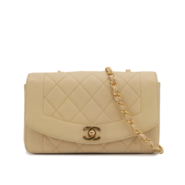 VINTAGE CHANEL DIANA SMALL CHAIN SHOULDER BAG BEIGE CAVIAR SKIN GOLD HARDWARE 90311986