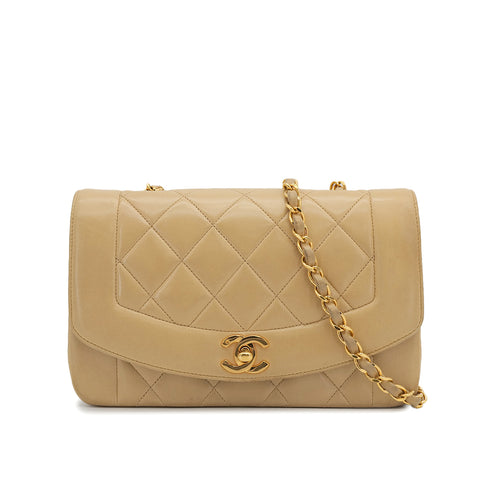 VINTAGE CHANEL DIANA SMALL CHAIN SHOULDER BAG BEIGE LAMB SKIN GOLD HARDWARE 90311961
