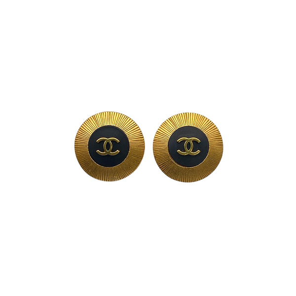 VINTAGE CHANEL EARRINGS ROUND COCOMARK GOLD BLACK ACCESSORY 95A 90312556