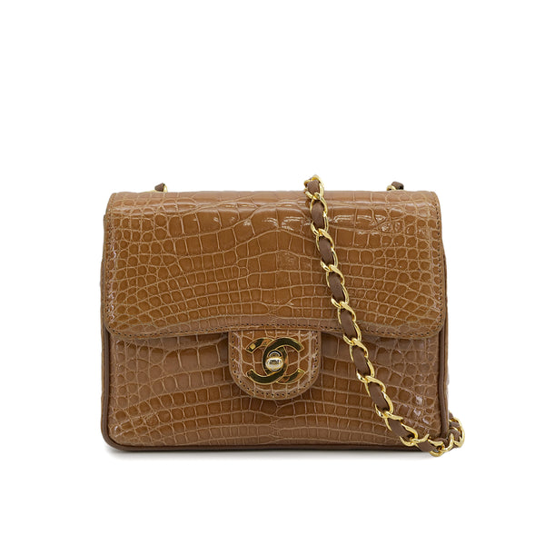 VINTAGE CHANEL MINI SQUARE 17 CHAIN SHOULDER BAG BROWN CROCODILE 90302898