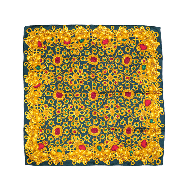 VINTAGE CHANEL SCARF BIJOU PATTERN GREEN YELLOW SILK 90311997