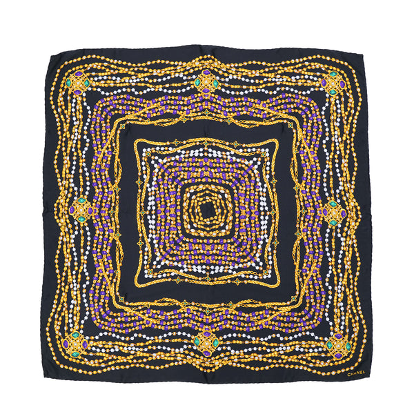 VINTAGE CHANEL SCARF GRIPOIX BIJOU PATTERN BLACK SILK 90313364