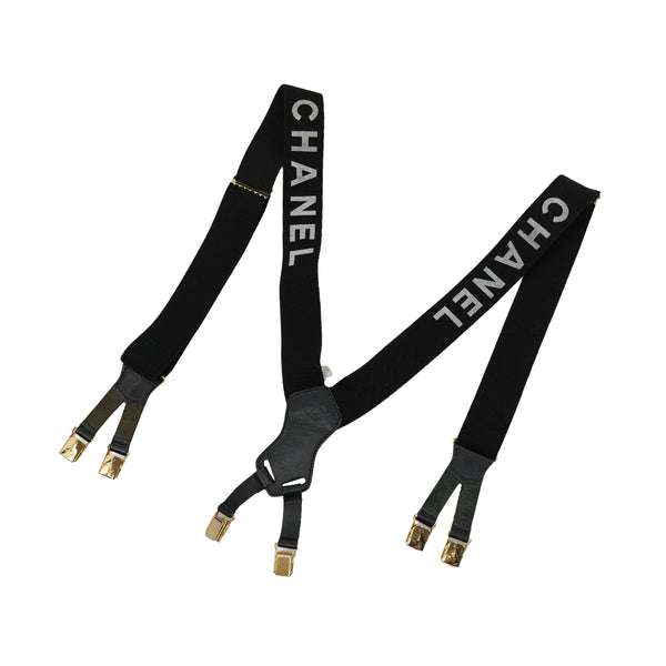 VINTAGE CHANEL SUSPENDER LOGO BLACK WHITE CANVAS LEATHER 90311994
