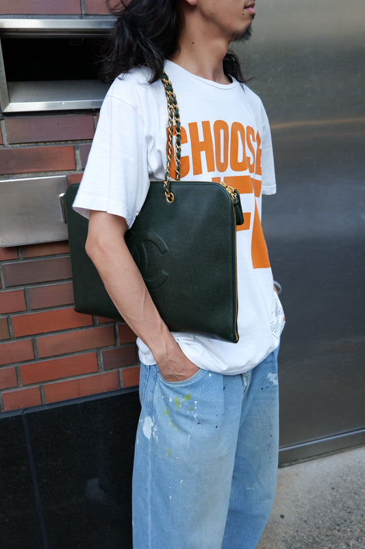 Unisex Styling with Vintage CHANEL –Big Coco Chain Tote Bag