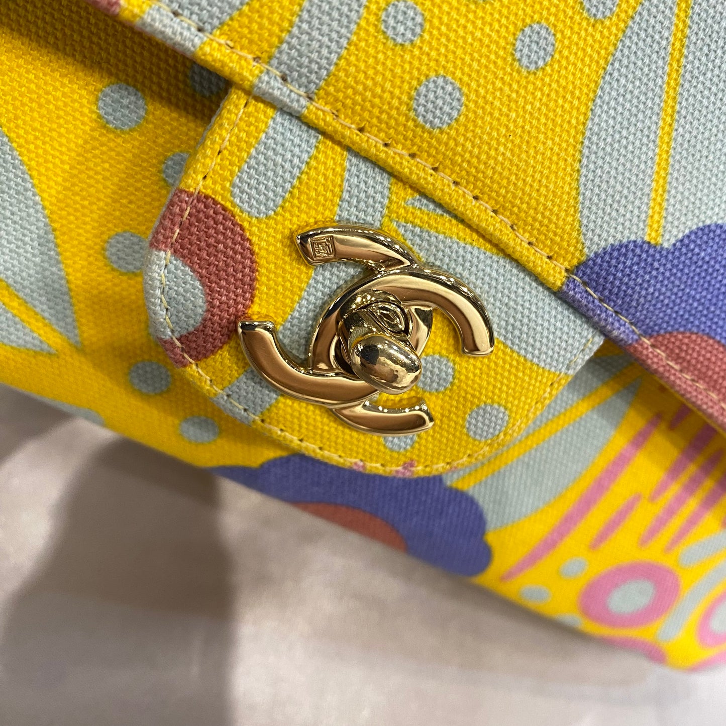 CHANEL VINTAGE CLASSIC FLAP MEDIUM CHAIN SHOULDER BAG FLOWER PRINT YELLOW LIGHTBLUE CANVAS 90215300