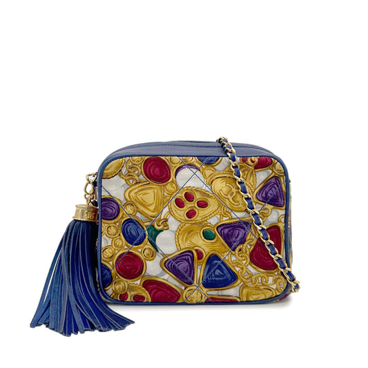 CHANEL VINTAGE FRINGE CHAIN SHOULDER BAG BLUE CANVAS LAMB SKIN 90187879