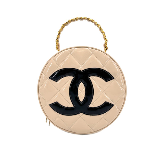 CHANEL VINTAGE ROUND VANITY HAND BAG BEIGE ENAMEL 90187902