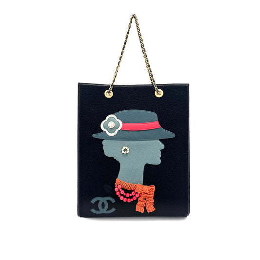 CHANEL VINTAGE COCO MOTIF MADEMOISELLE CHAIN TOTE BAG BLACK CANVAS LEATHER 90195778