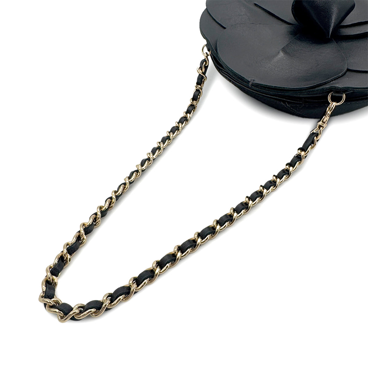 CHANEL VINTAGE CAMELLIA FLOWER CHAIN SHOULDER BAG BLACK LAMB SKIN SATIN 90199296