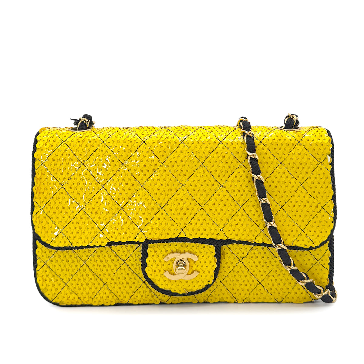 CHANEL VINTAGE CHAIN SHUOLDER BAG BYCOLOR YELLOW BLACK SEQUINS CANVAS 90201185