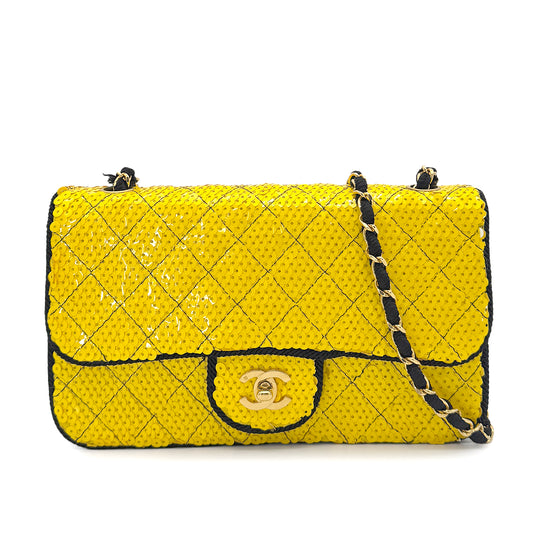 CHANEL VINTAGE CHAIN SHUOLDER BAG BYCOLOR YELLOW BLACK SEQUINS CANVAS 90201185