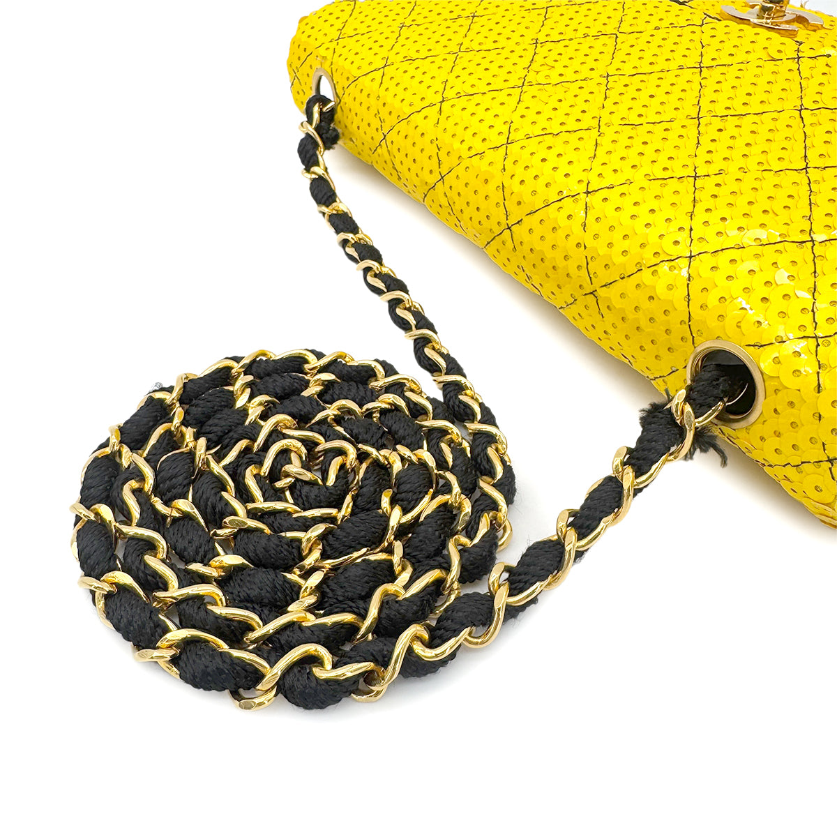 CHANEL VINTAGE CHAIN SHUOLDER BAG BYCOLOR YELLOW BLACK SEQUINS CANVAS 90201185