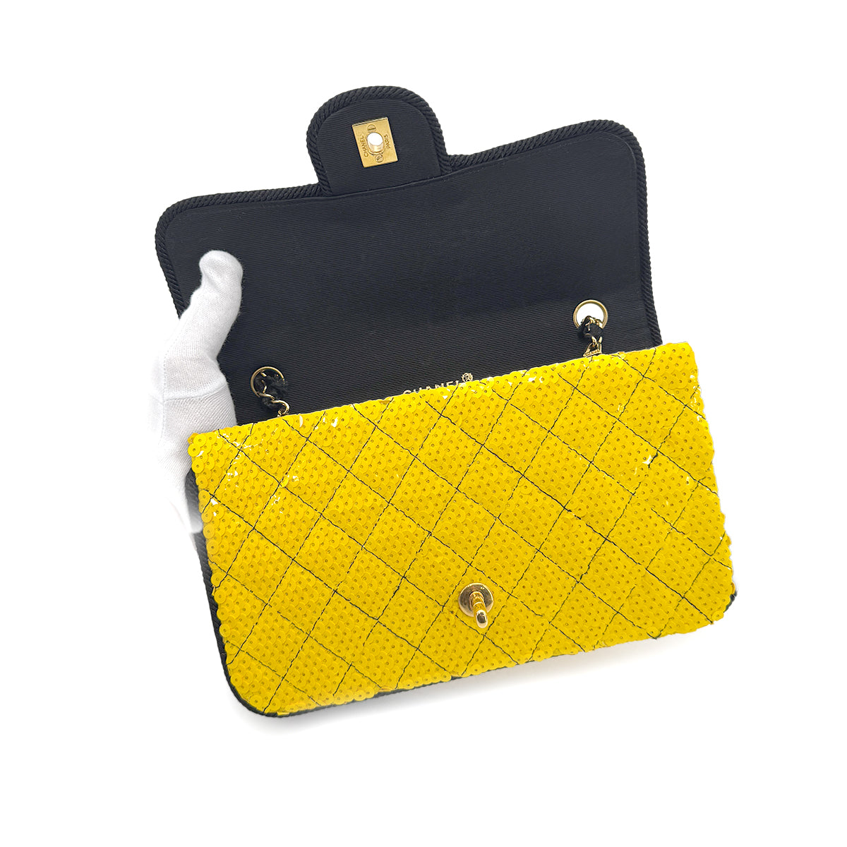 CHANEL VINTAGE CHAIN SHUOLDER BAG BYCOLOR YELLOW BLACK SEQUINS CANVAS 90201185