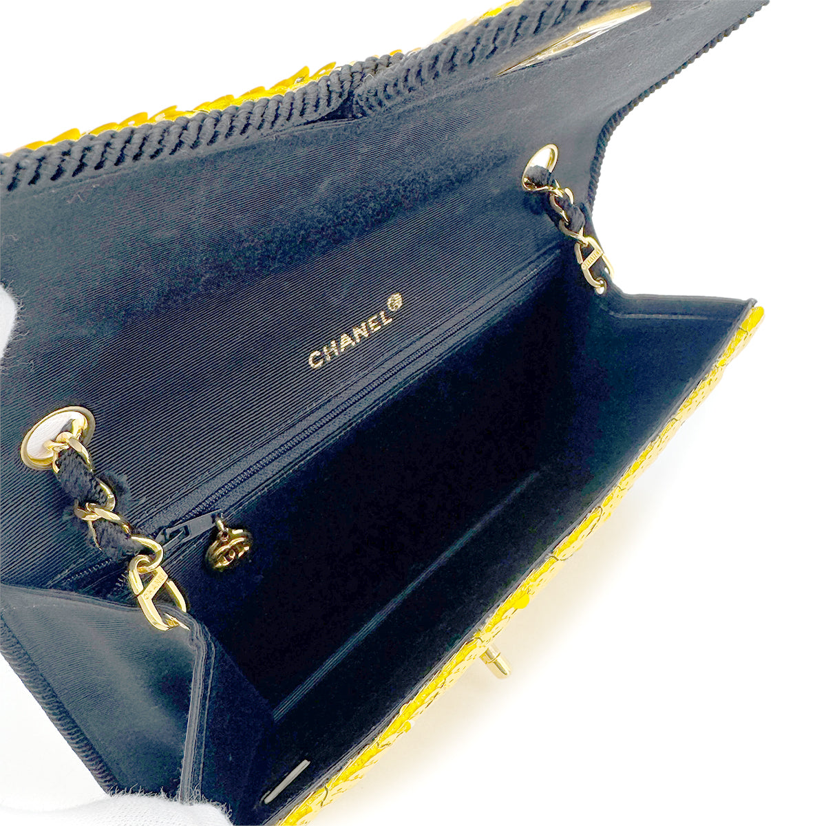 CHANEL VINTAGE CHAIN SHUOLDER BAG BYCOLOR YELLOW BLACK SEQUINS CANVAS 90201185