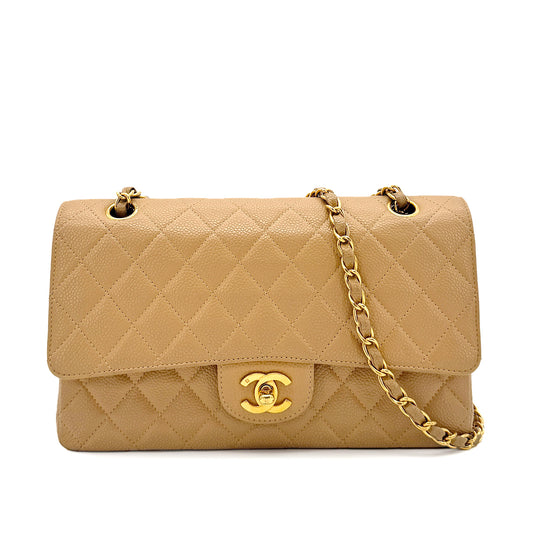 CHANEL VINTAGE CLASSIC FLAP MEDIUM CHAIN SHOULDER BAG BEIGE CAVIAR SKIN 90202042
