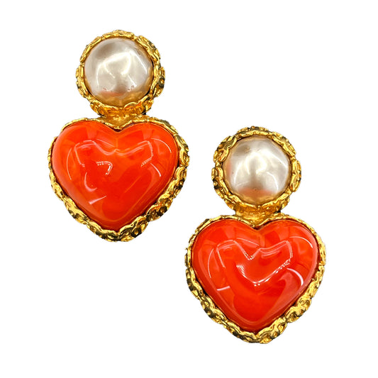 CHANEL VINTAGE EARRINGS HEART COLOR STONE ORANGE FAKEPEARL ACCESSORY 2/8 90208136