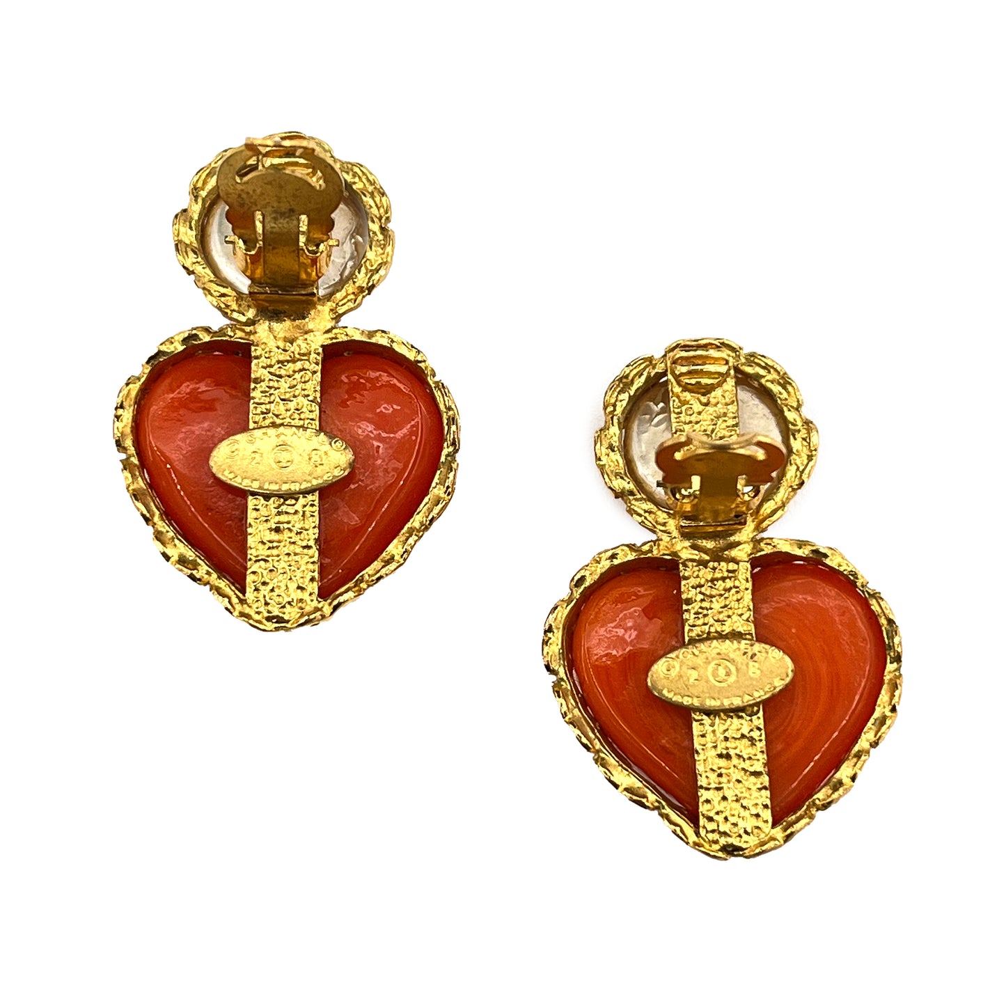 CHANEL VINTAGE EARRINGS HEART COLOR STONE ORANGE FAKEPEARL ACCESSORY 2/8 90208136