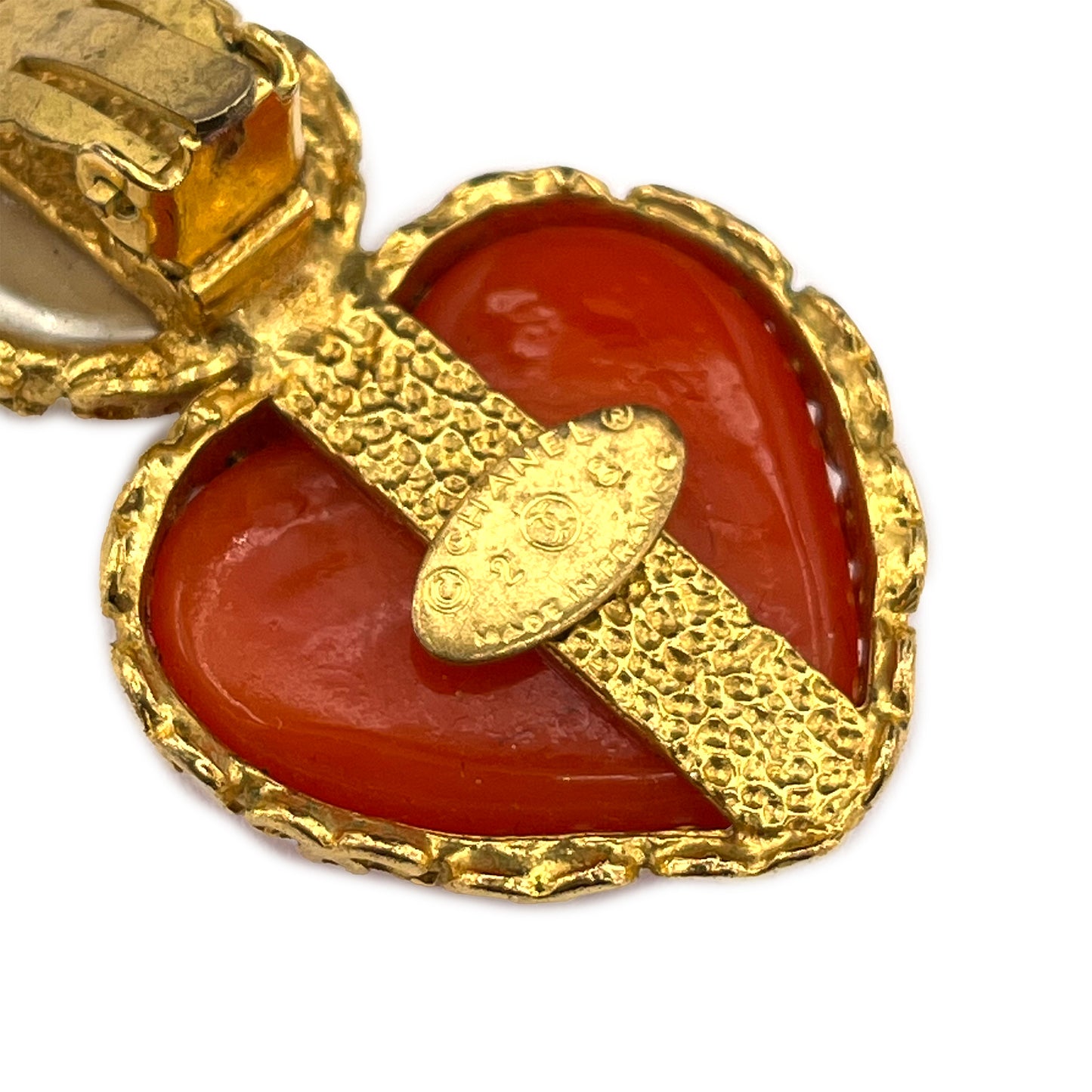 CHANEL VINTAGE EARRINGS HEART COLOR STONE ORANGE FAKEPEARL ACCESSORY 2/8 90208136