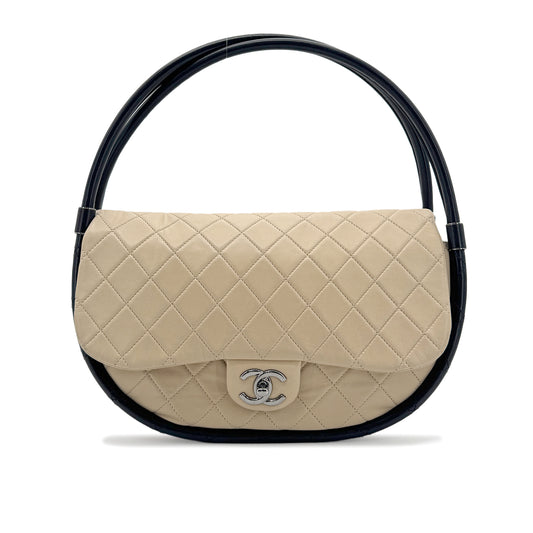 CHANEL HULA HOOP CROSS HAND BAG BEIGE BLACK LAMB SKIN 90208969