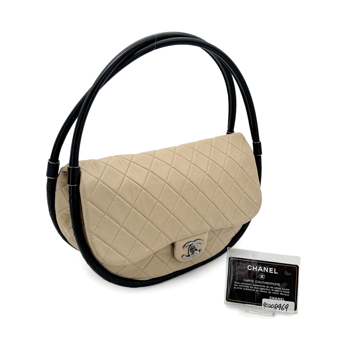 CHANEL HULA HOOP CROSS HAND BAG BEIGE BLACK LAMB SKIN 90208969