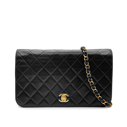 CHANEL VINTAGE FULL FLAP TURN LOCK CHAIN SHOULDER BAG BLACK LAMB SKIN 90209223