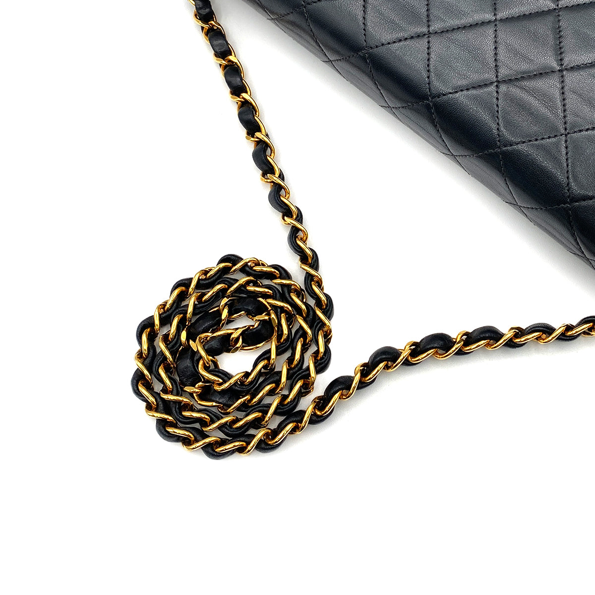 CHANEL VINTAGE FULL FLAP TURN LOCK CHAIN SHOULDER BAG BLACK LAMB SKIN 90209223