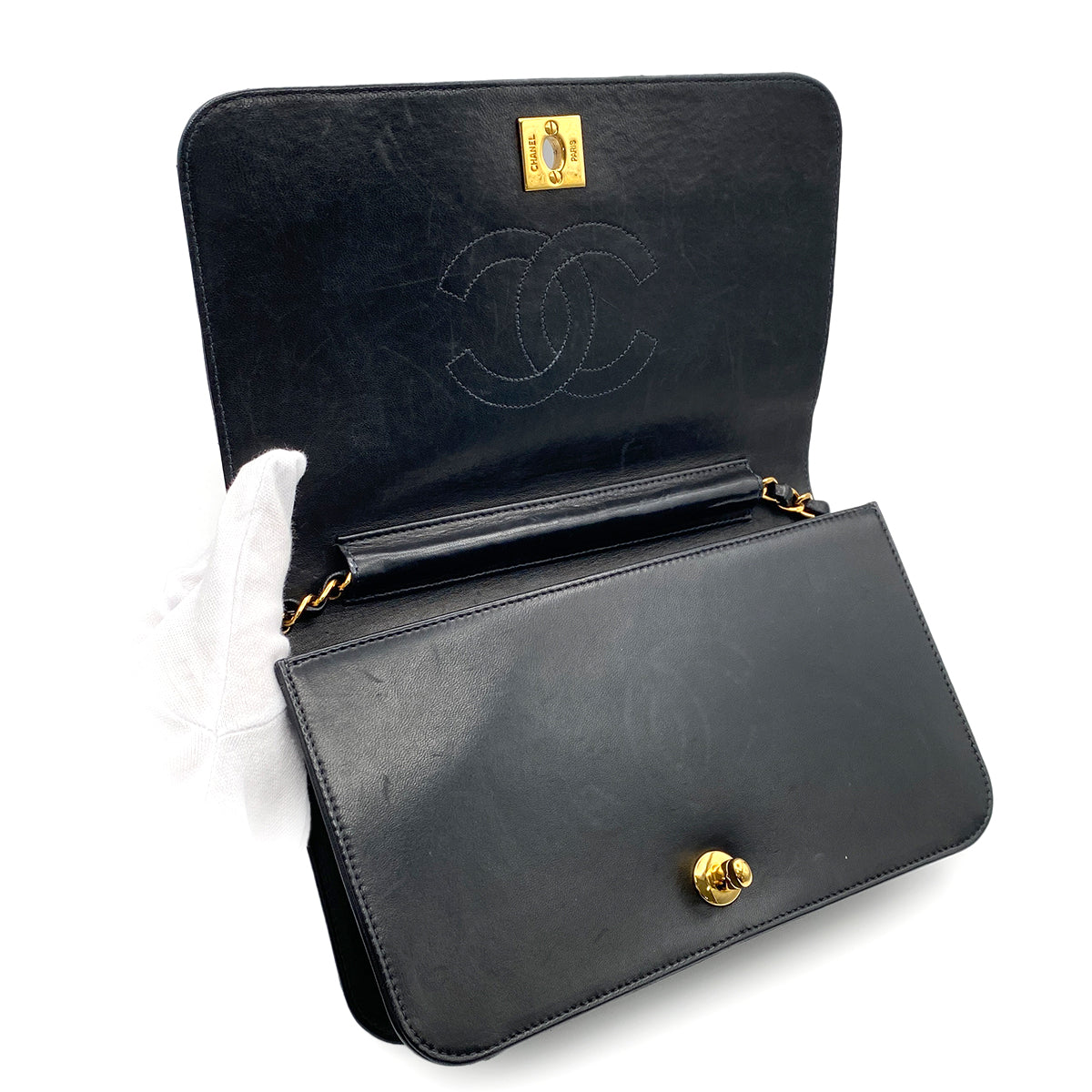 CHANEL VINTAGE FULL FLAP TURN LOCK CHAIN SHOULDER BAG BLACK LAMB SKIN 90209223