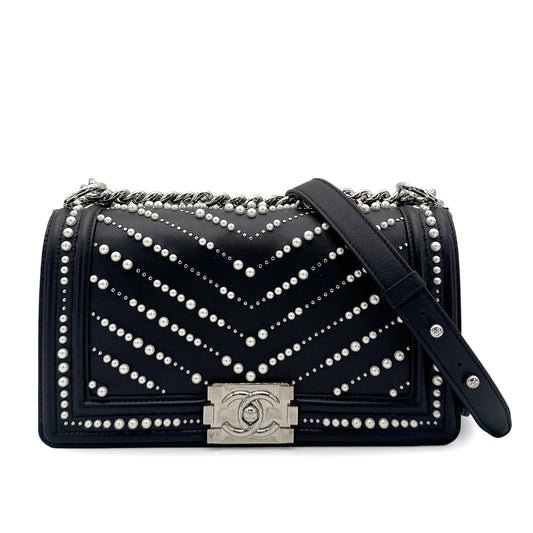CHANEL PEARL BOYCHANEL MEDIUM CHAIN SHOULDER BAG BLACK LEATHER 90210965