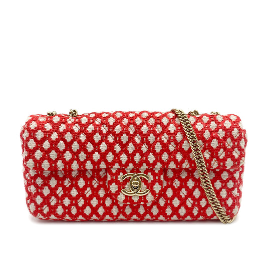 CHANEL VINTAGE EAST WEST CHAIN SHOULDER BAG RED WHITE CANVAS 90210993