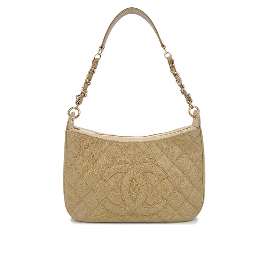 CHANEL VINTAGE HALF MOON ONE SHOULDER BAG BEIGE CAVIAR SKIN 90212859