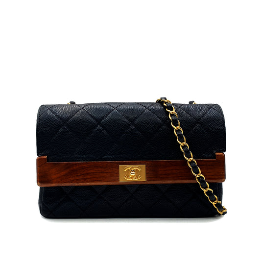 CHANEL VINTAGE WOOD FLAP CHAIN SHOULDER BAG BLACK CAVIAR SKIN 90213611