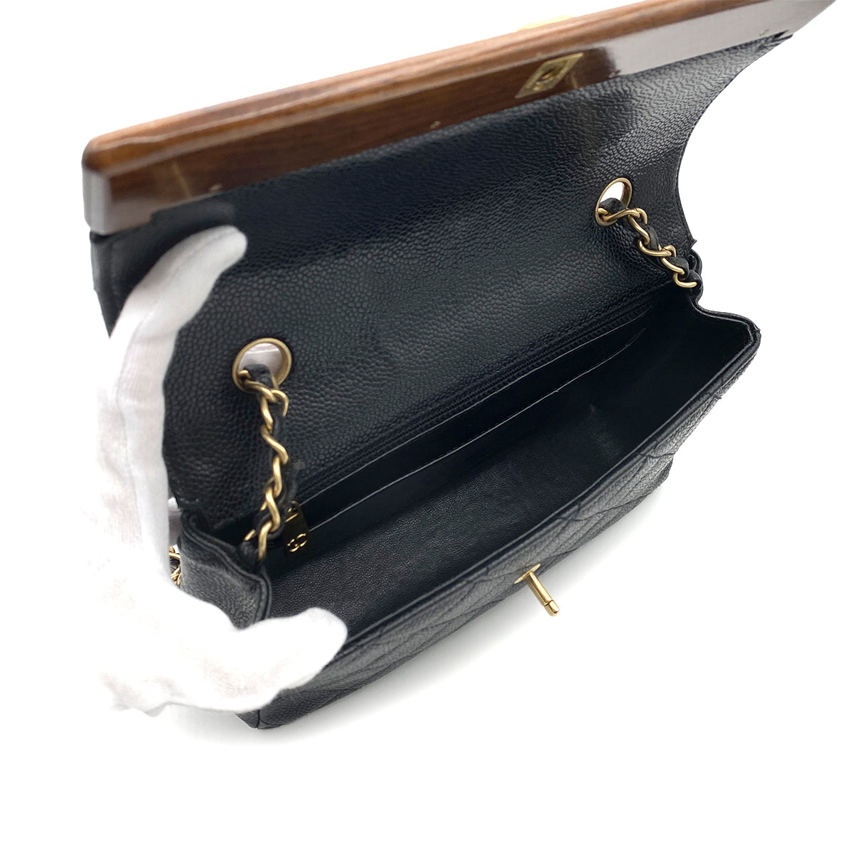 CHANEL VINTAGE WOOD FLAP CHAIN SHOULDER BAG BLACK CAVIAR SKIN 90213611