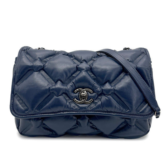 CHANEL BUBBLE QUILT CHAIN SHOULDER BAG BLUE CALF LEATHER 90213935