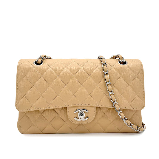 CHANEL CLASSIC FLAP MEDIUM CHAIN SHOULDER BAG BEIGE CAVIAR SKIN SHW 90215286